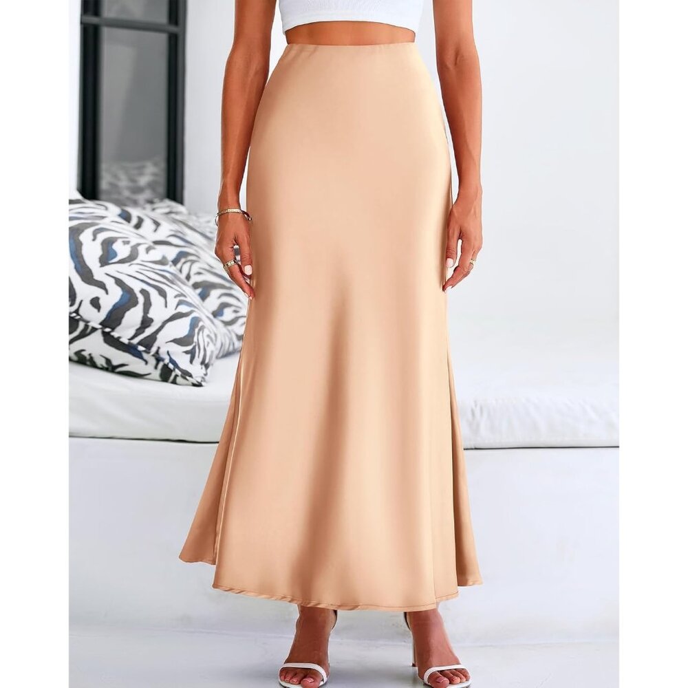 Women's Champagne Spring Silk Casual Waisted Cocktail Guest Mermaid Maxi Skirt - Picture 2 of 6